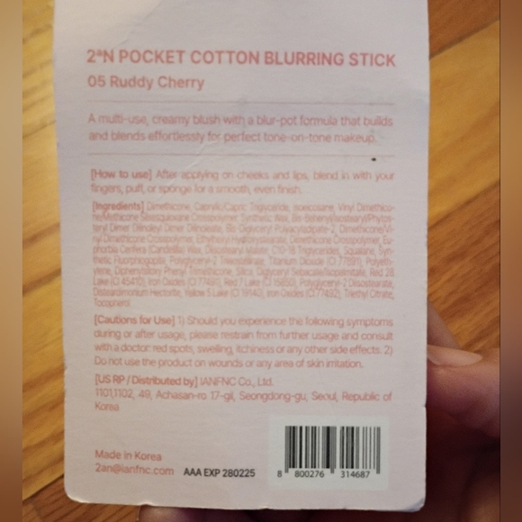 2aN Pocket Cotton Blurring Stick Ruddy Cherry Blurring Cream Buildable 3.5g - Picture 6 of 9